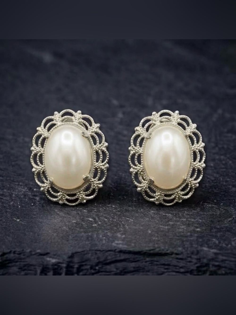 Vintage 50s Miriam Haskell Oval White Faux Pearl Filigree Silver Tone Earrings